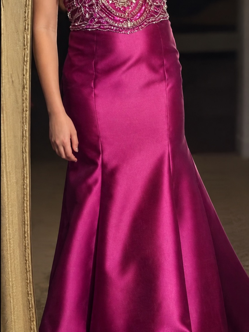 Blush Fuchsia Beaded Satin Mermaid Gown